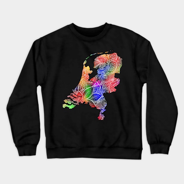 Colorful mandala art map of Netherlands with text in multicolor pattern Crewneck Sweatshirt by Happy Citizen